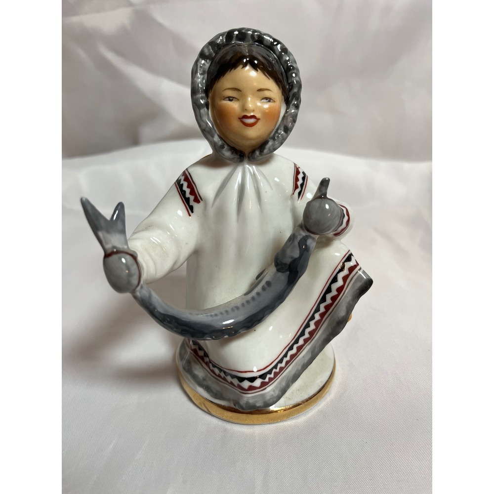 Lomonosov LFZ Porcelain Figurine Arctic Boy with Fish Made in USSR Vintage